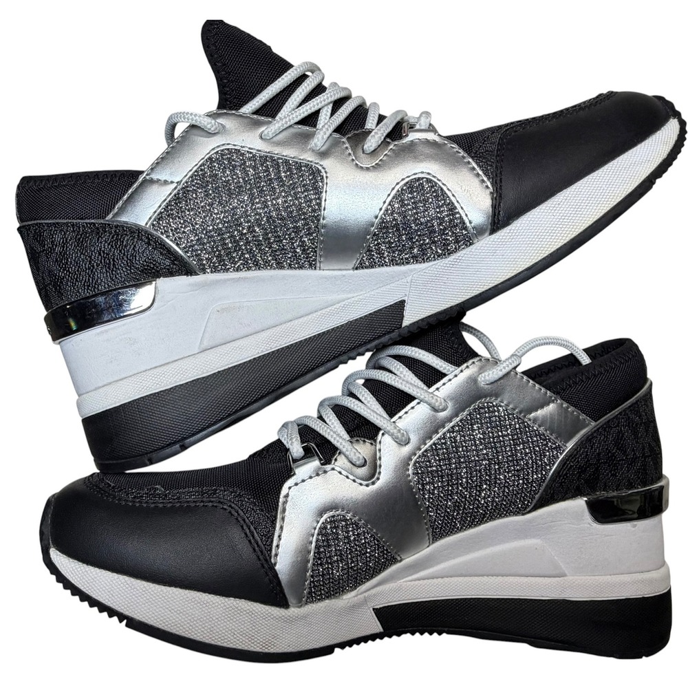 Michael Kors Wedge Sneakers Black Silver Glitter Metallic Trainers 7.5M NWOB